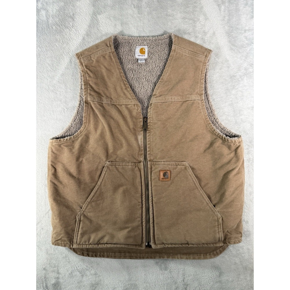 Carhartt Vest Men's Large Brown Sherpa Lined Duck Canvas Full Zip V26